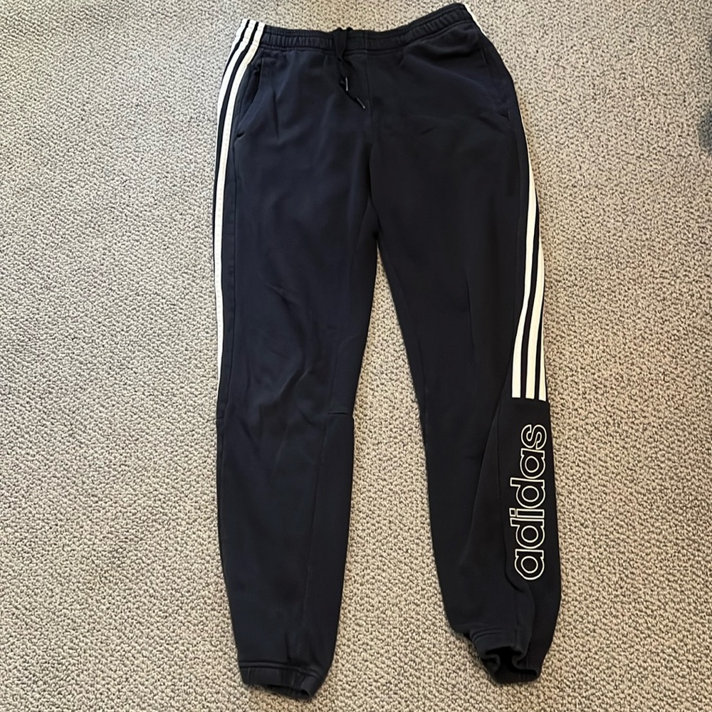 Adidas Joggers Navy Cotton Joggers White 3 Stripes Spellout Elastic Cuff